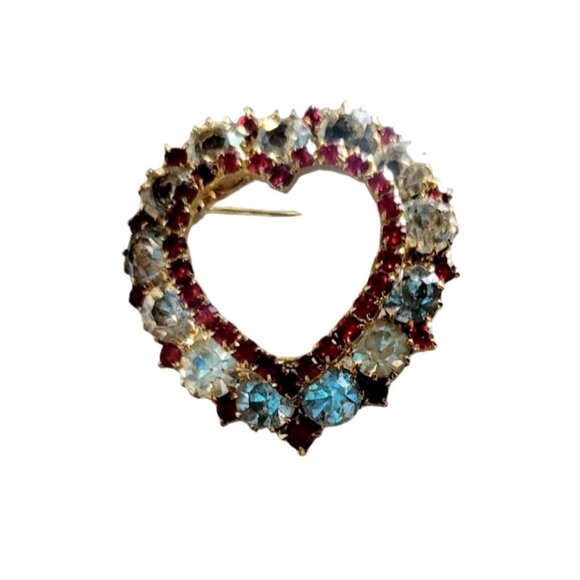 Vintage Heart Brooch White & Red Rhinestones Collectible Gold-Tone Pin 1.25" - Picture 2 of 7